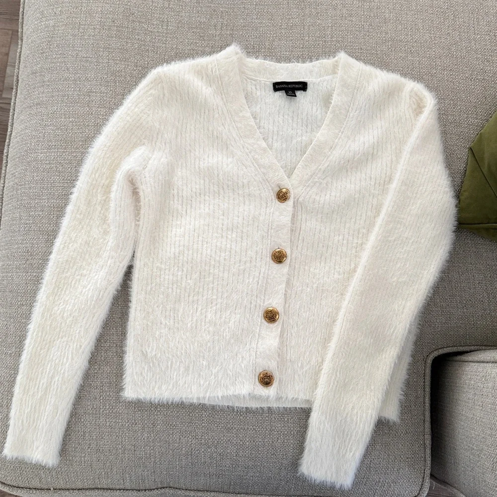 Banana Republic Cream Fuzzy Cardigan with Distressed Gold Buttons, X-Small - Picture 1 of 9